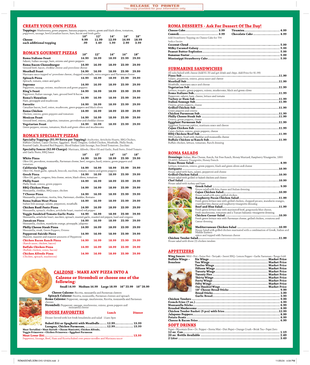 Roma Pizza & Pasta Menu - Image 1